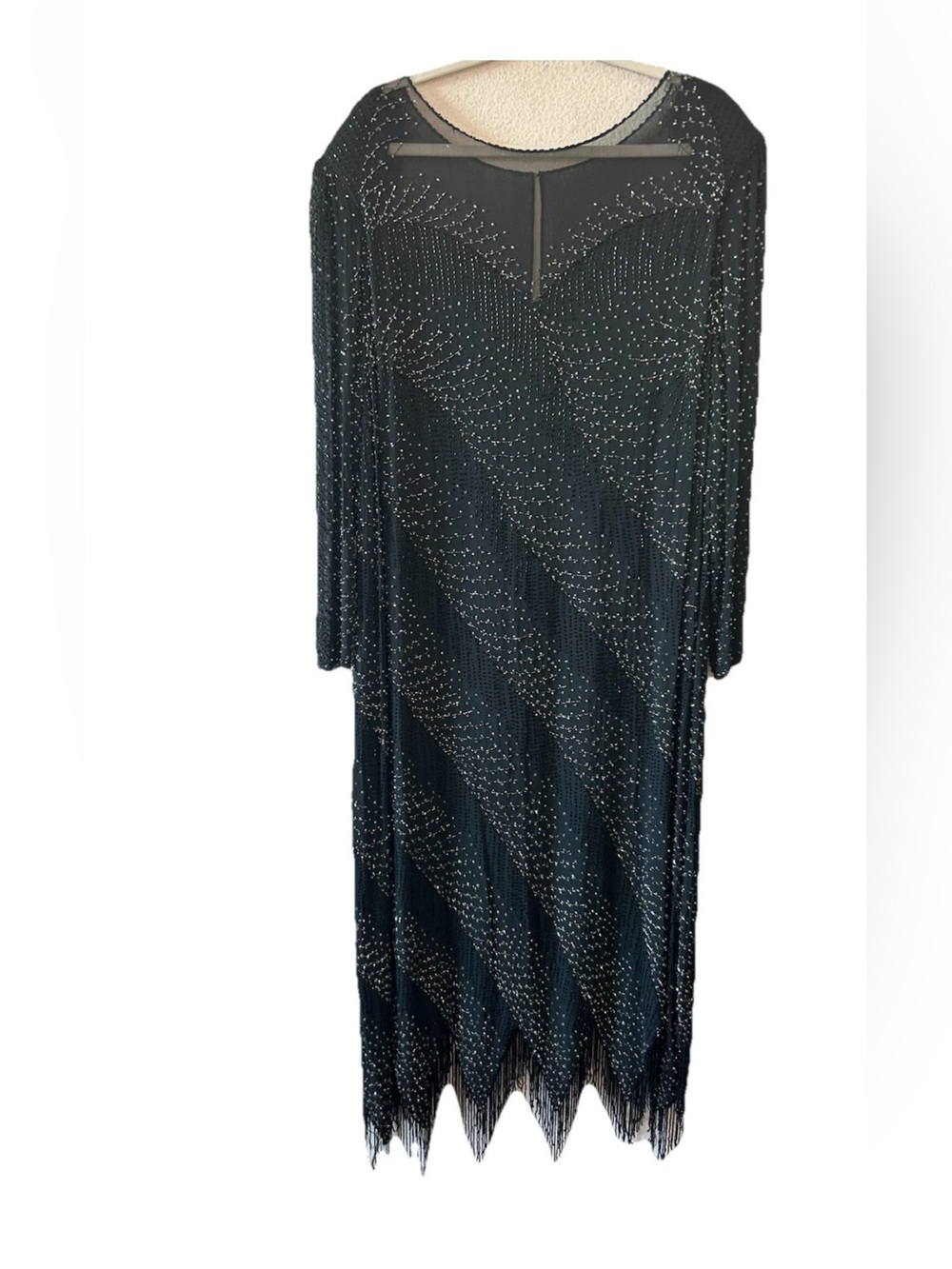 VTG 80s Black Silk Beaded Fringe Dress Art Deco Gatsby 3X Maxi Evening Wear